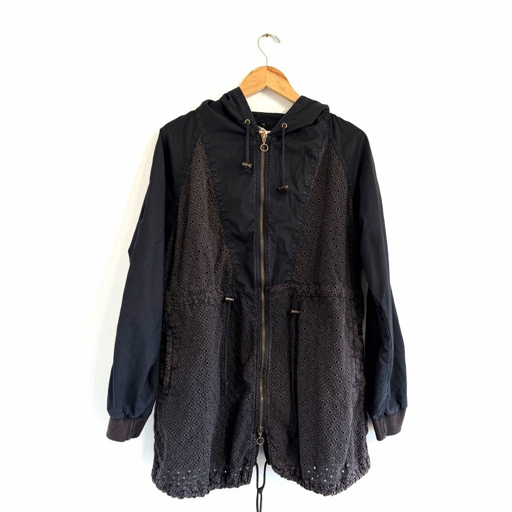 Free People eyelet utility jacket black brown hooded full zip long length